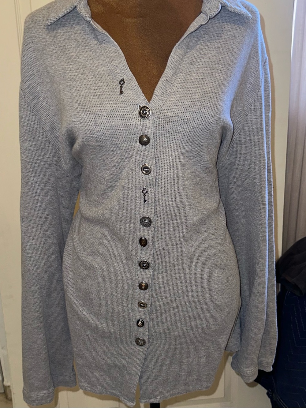 Soft Surroundings Light Gray Button-Front Knit Shirt